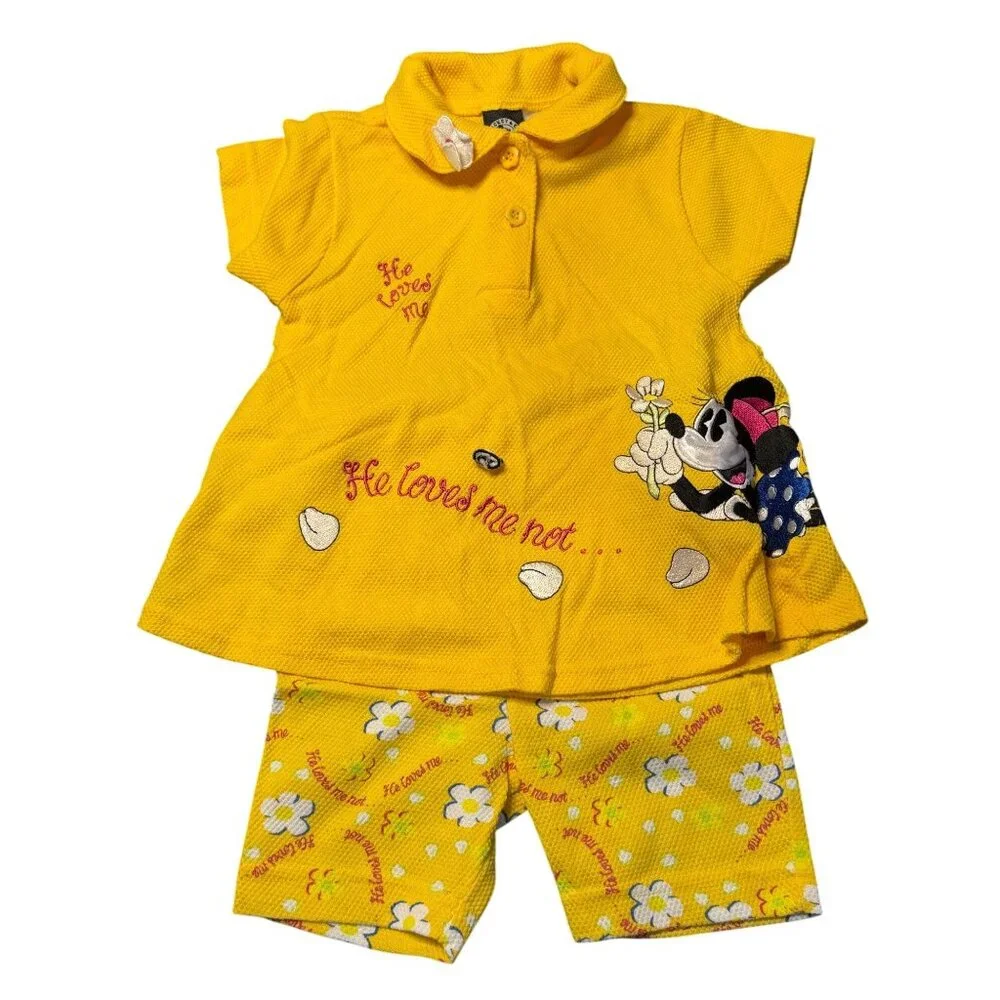VTG Mickey & Co Girls 3T Polo Shirt Yellow Floral Shorts Set Matching Casualwear